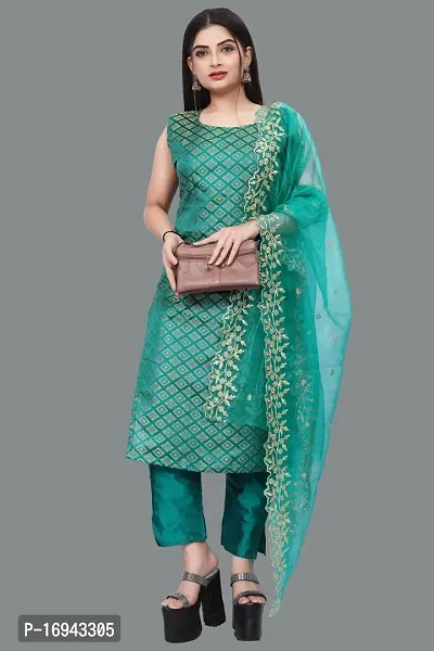 Elegant Teal Silk Jacquard Dress Material with Dupatta For Women-thumb0