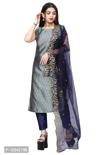 Elegant Grey Silk Jacquard Dress Material with Dupatta For Women