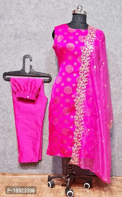 Elegant Pink Jacquard Art Silk Kurta with Pant And Dupatta Set For Women-thumb0