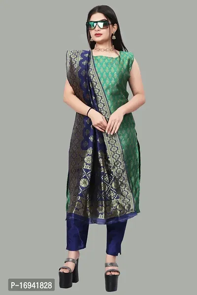 Elegant Teal Silk Jacquard Dress Material with Dupatta For Women-thumb0