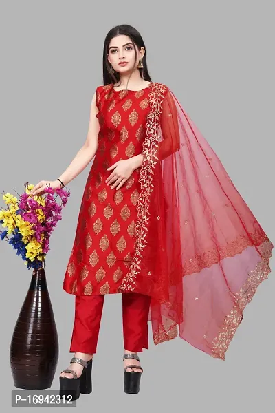 Elegant Red Silk Jacquard Dress Material with Dupatta For Women-thumb0