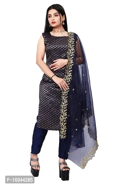 Elegant Navy Blue Silk Jacquard Dress Material with Dupatta For Women