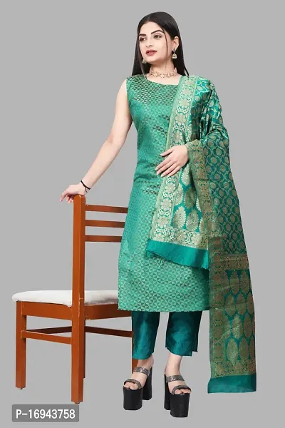 Elegant Teal Silk Jacquard Dress Material with Dupatta For Women-thumb0