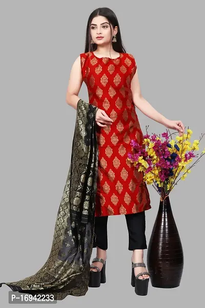 Elegant Red Silk Jacquard Dress Material with Dupatta For Women