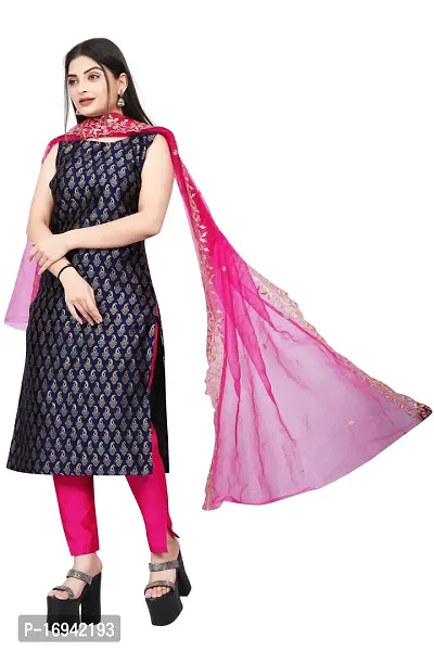 Elegant Navy Blue Silk Jacquard Dress Material with Dupatta For Women