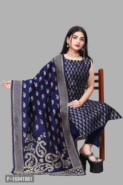 Elegant Navy Blue Silk Jacquard Dress Material with Dupatta For Women