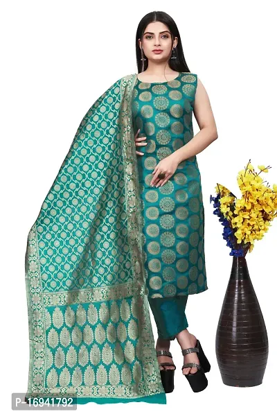 Elegant Teal Silk Jacquard Dress Material with Dupatta For Women-thumb0