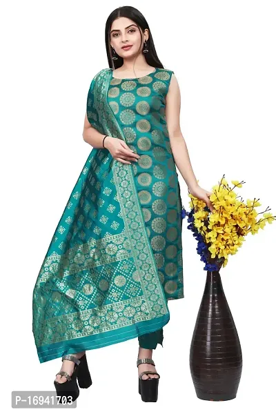 Elegant Teal Silk Jacquard Dress Material with Dupatta For Women-thumb0