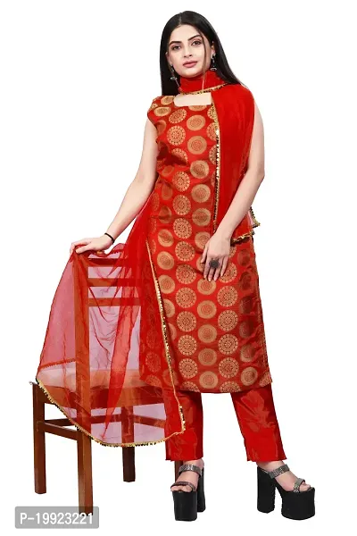 Elegant Red Jacquard Art Silk Kurta with Pant And Dupatta Set For Women