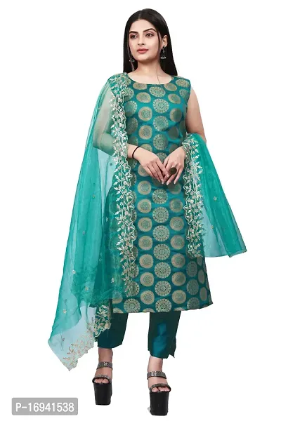 Elegant Teal Silk Jacquard Dress Material with Dupatta For Women