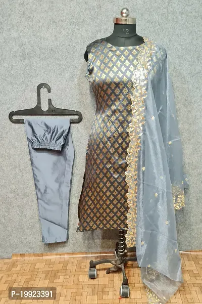 Elegant Grey Jacquard Art Silk Kurta with Pant And Dupatta Set For Women
