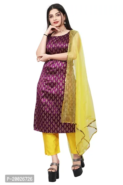 Womens Woven Design Kurta Pant With Dupatta Set-thumb0