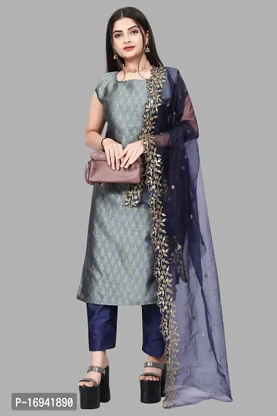 Elegant Grey Silk Jacquard Dress Material with Dupatta For Women