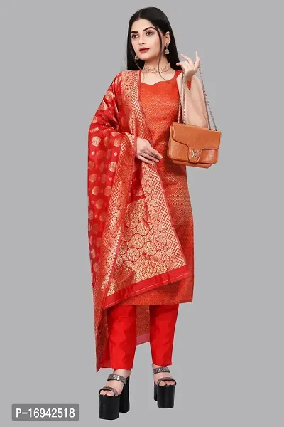 Elegant Red Silk Jacquard Dress Material with Dupatta For Women