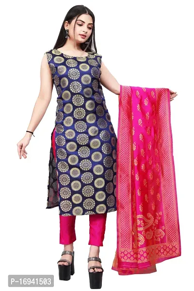 Elegant Navy Blue Silk Jacquard Dress Material with Dupatta For Women-thumb0