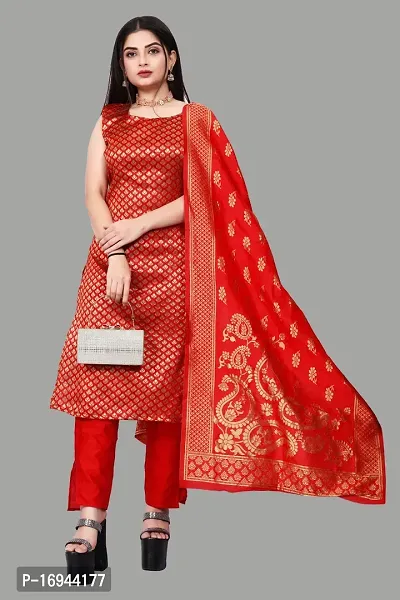 Elegant Red Silk Jacquard Dress Material with Dupatta For Women-thumb0