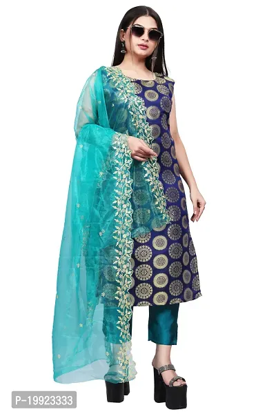 Elegant Navy Blue Jacquard Art Silk Kurta with Pant And Dupatta Set For Women-thumb0