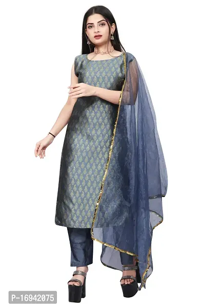 Elegant Grey Silk Jacquard Dress Material with Dupatta For Women-thumb0