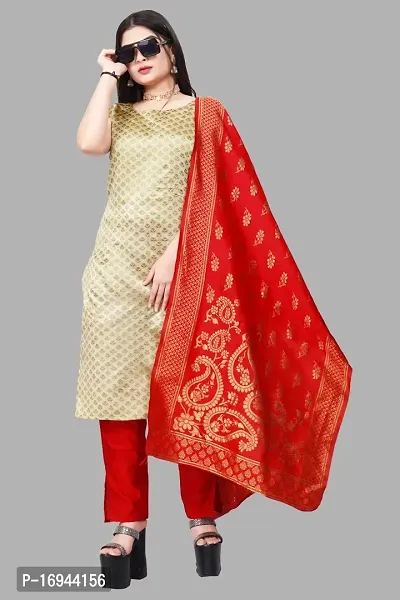 Elegant Beige Silk Jacquard Dress Material with Dupatta For Women