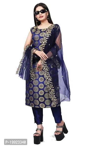 Elegant Navy Blue Jacquard Art Silk Kurta with Pant And Dupatta Set For Women-thumb0