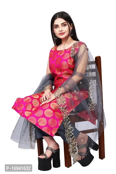 Elegant Pink Silk Jacquard Dress Material with Dupatta For Women-thumb0