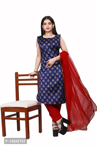 Elegant Navy Blue Silk Jacquard Dress Material with Dupatta For Women-thumb0