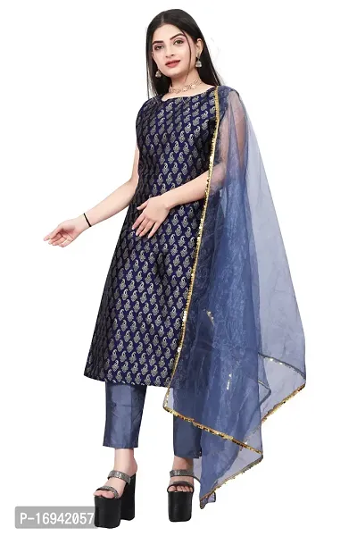 Elegant Navy Blue Silk Jacquard Dress Material with Dupatta For Women-thumb0