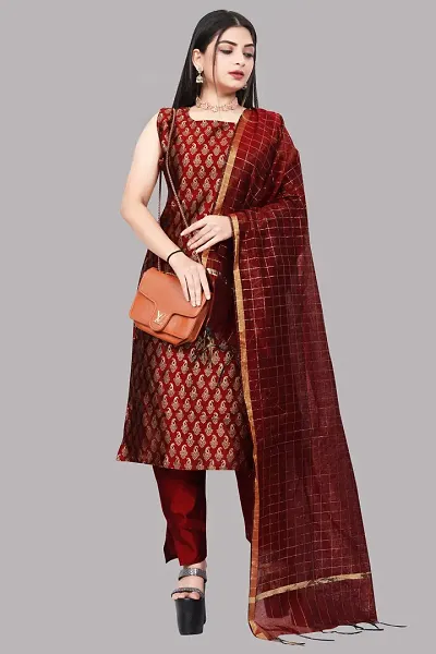 Elegant Jacquard Art Silk Kurta with Pant And Dupatta Set For Women