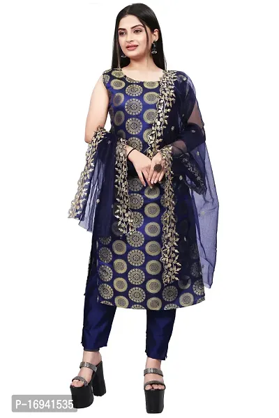 Elegant Navy Blue Silk Jacquard Dress Material with Dupatta For Women-thumb0