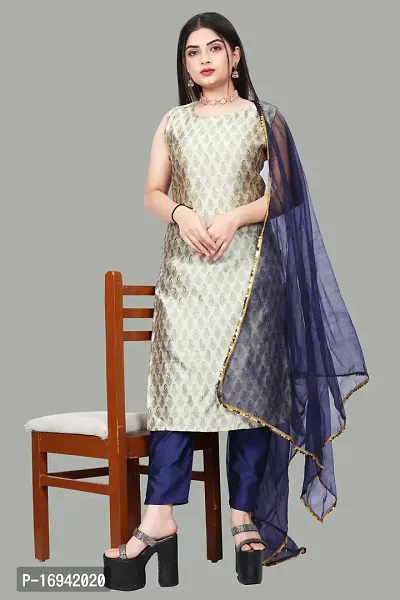 Elegant Beige Silk Jacquard Dress Material with Dupatta For Women