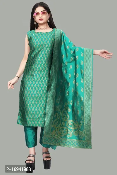 Elegant Teal Silk Jacquard Dress Material with Dupatta For Women