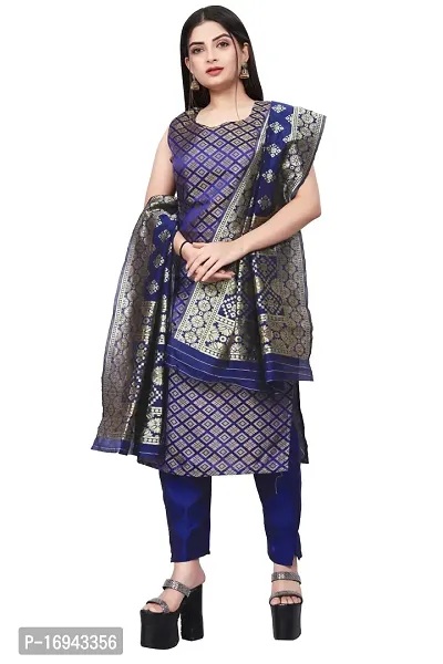 Elegant Navy Blue Silk Jacquard Dress Material with Dupatta For Women-thumb0