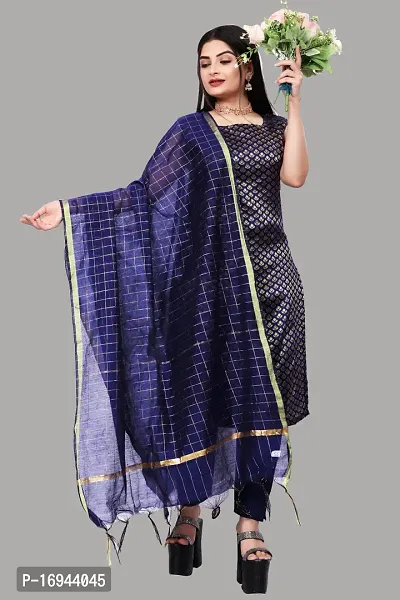 Elegant Navy Blue Silk Jacquard Dress Material with Dupatta For Women-thumb0