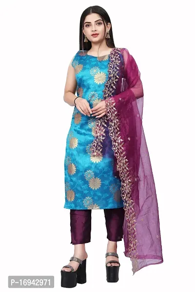 Elegant Blue Silk Jacquard Dress Material with Dupatta For Women