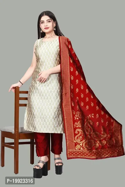 Elegant Beige Jacquard Art Silk Kurta with Pant And Dupatta Set For Women-thumb0