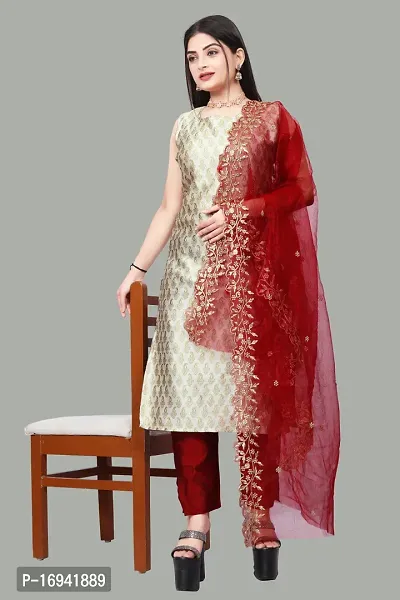 Elegant Beige Silk Jacquard Dress Material with Dupatta For Women