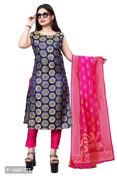 Elegant Navy Blue Silk Jacquard Dress Material with Dupatta For Women-thumb0