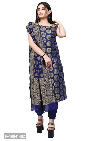 Elegant Navy Blue Silk Jacquard Dress Material with Dupatta For Women-thumb0