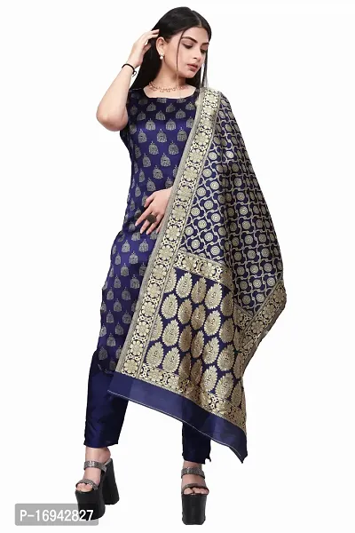 Elegant Navy Blue Silk Jacquard Dress Material with Dupatta For Women-thumb0