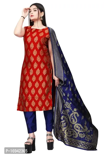 Elegant Red Silk Jacquard Dress Material with Dupatta For Women-thumb0