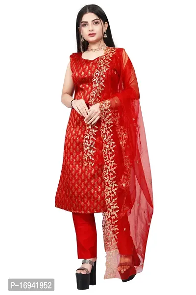 Elegant Red Silk Jacquard Dress Material with Dupatta For Women-thumb0