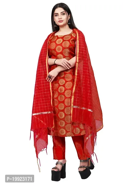 Elegant Red Jacquard Art Silk Kurta with Pant And Dupatta Set For Women