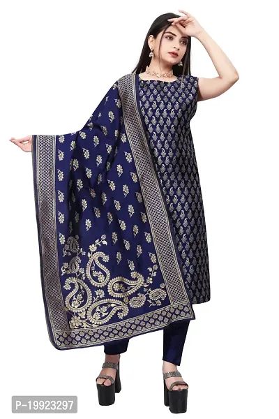 Elegant Navy Blue Jacquard Art Silk Kurta with Pant And Dupatta Set For Women-thumb0