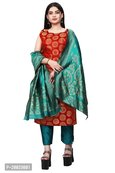 Womens Woven Design Kurta Pant With Dupatta Set