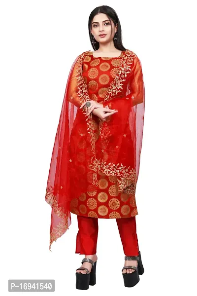 Elegant Red Silk Jacquard Dress Material with Dupatta For Women