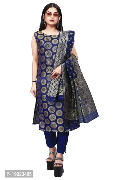 Elegant Navy Blue Jacquard Art Silk Kurta with Pant And Dupatta Set For Women