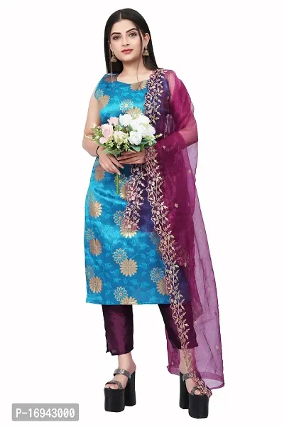 Elegant Blue Silk Jacquard Dress Material with Dupatta For Women