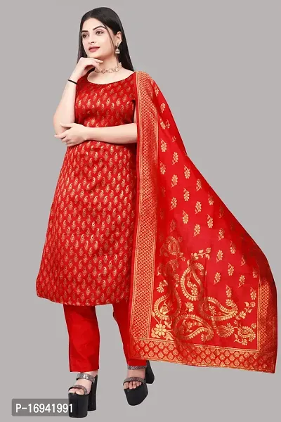 Elegant Red Silk Jacquard Dress Material with Dupatta For Women