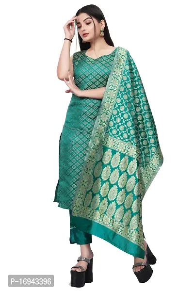 Elegant Teal Silk Jacquard Dress Material with Dupatta For Women-thumb0