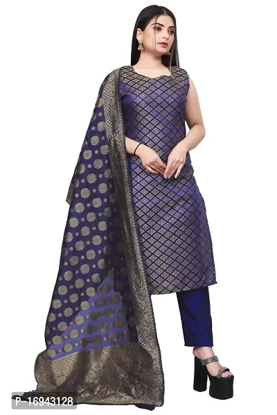 Elegant Navy Blue Silk Jacquard Dress Material with Dupatta For Women-thumb0